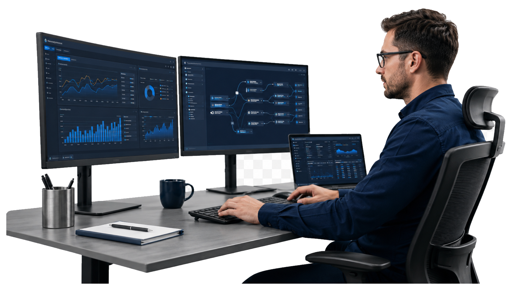 Ilustrasi transparan dashboard data analytics dan AI